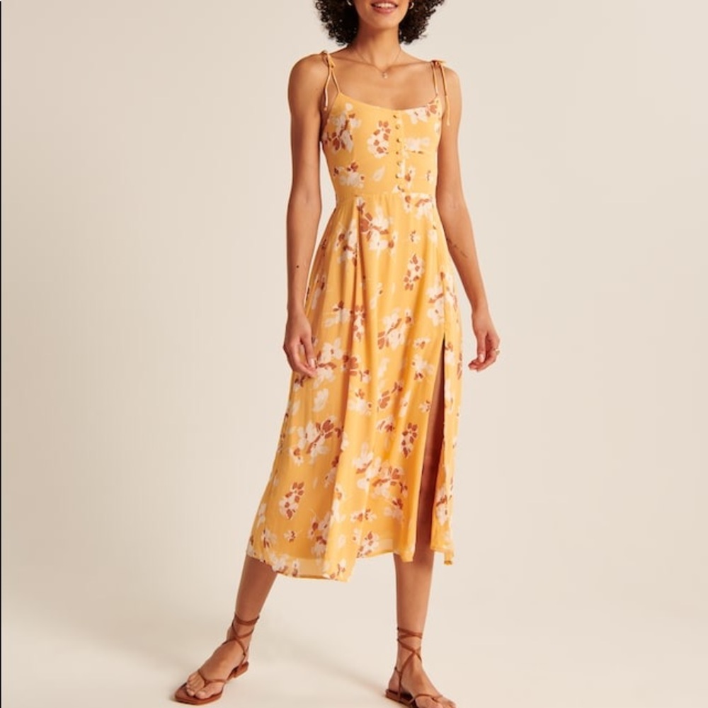 Tie Strap Yellow Floral Corset Midi Dress